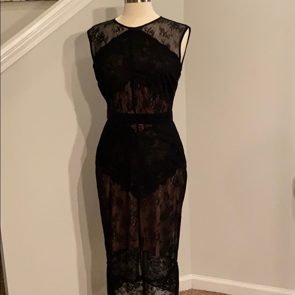 New York & Company Black/Tan Illusion Lace Dress
